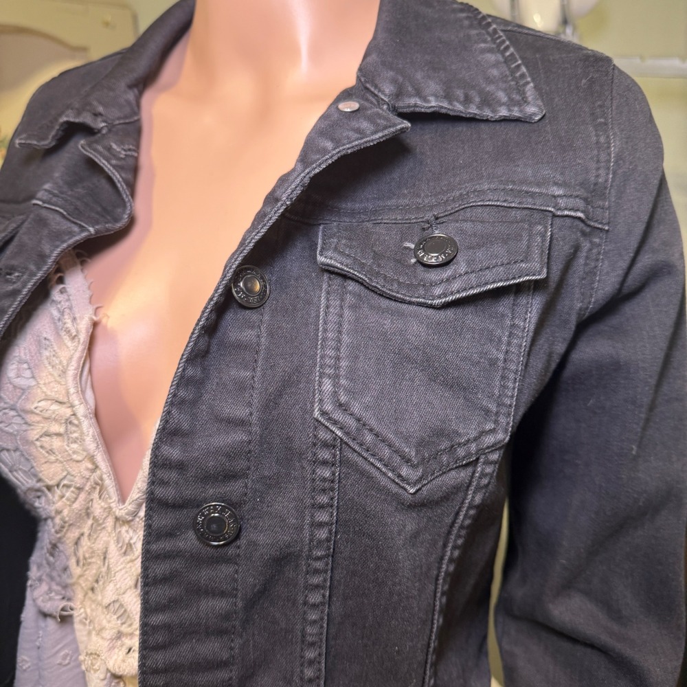 Wax Jean Womens Black Cropped Denim Trucker Jacket Style 90017 Size S - Picture 2 of 6
